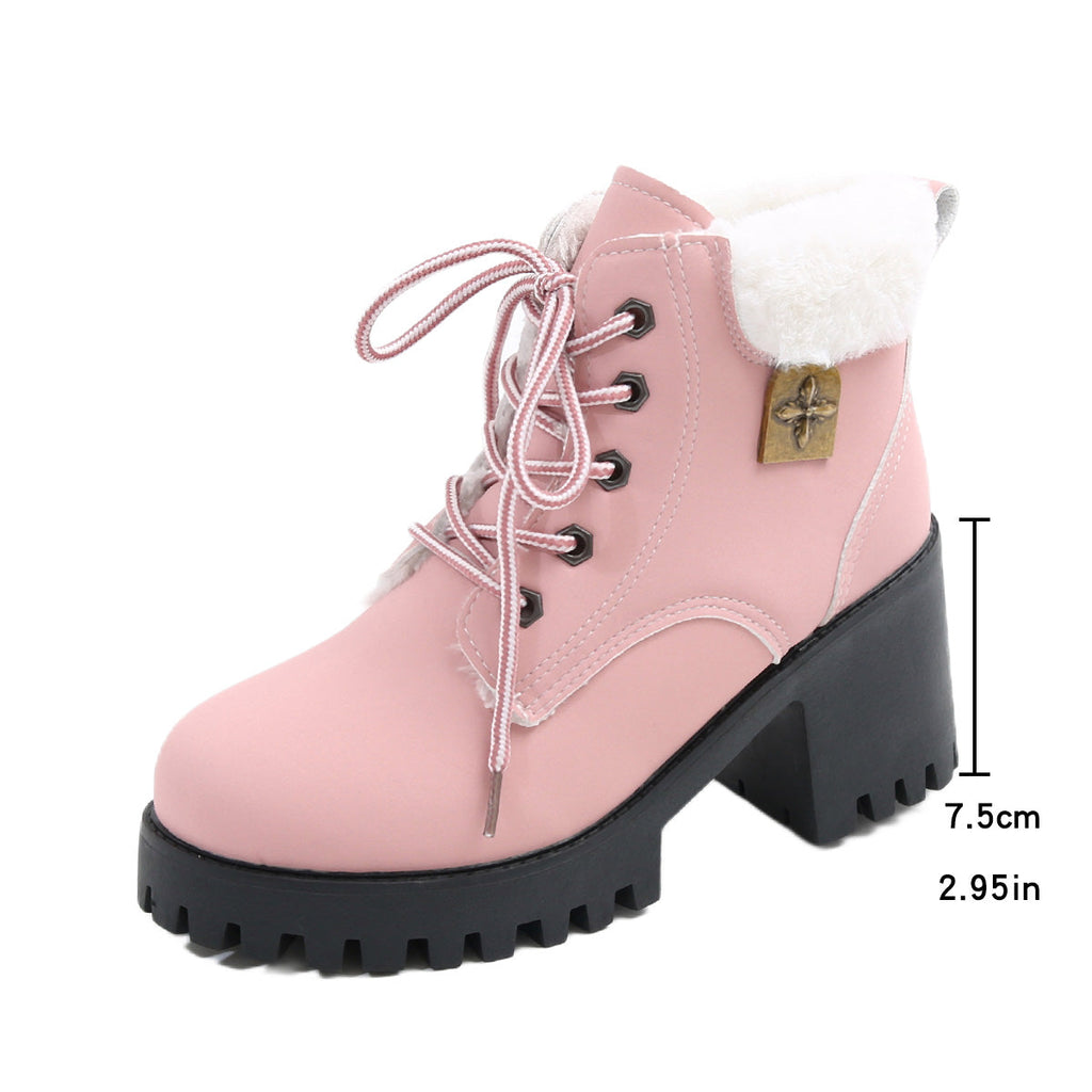 Bottines de combat à lacets en peluche givrée pour femme Fiorelle - Bottines d'hiver à talon bloc et semelle antidérapante pour les trajets quotidiens (US 4-10)