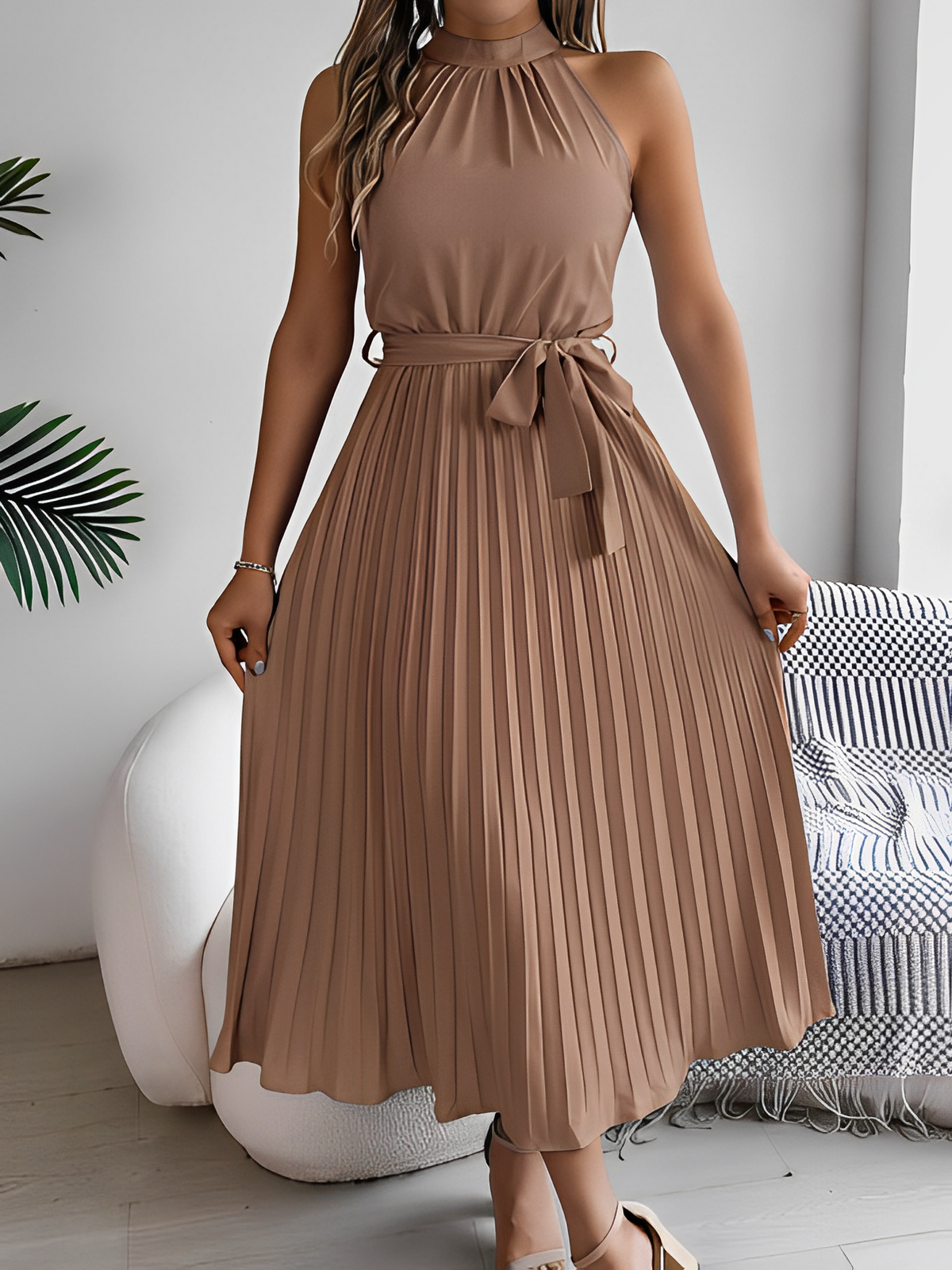 Pleated Halter Neck Midi Dress with Adjustable Waist Tie – Dora