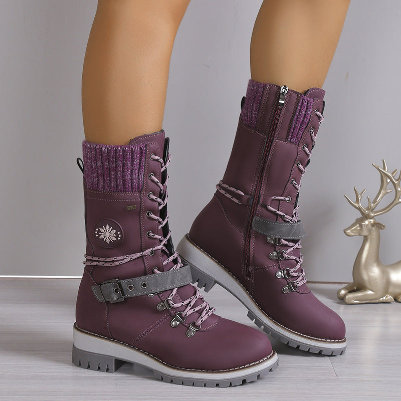 Fiorelle Damen-Combat-Stiefel im nordischen Strick-Design – Hochschäftige, mit Thermobaumwolle gefütterte Schneestiefel mit Blockabsatz & Lederakzenten (US 5–10,5)
