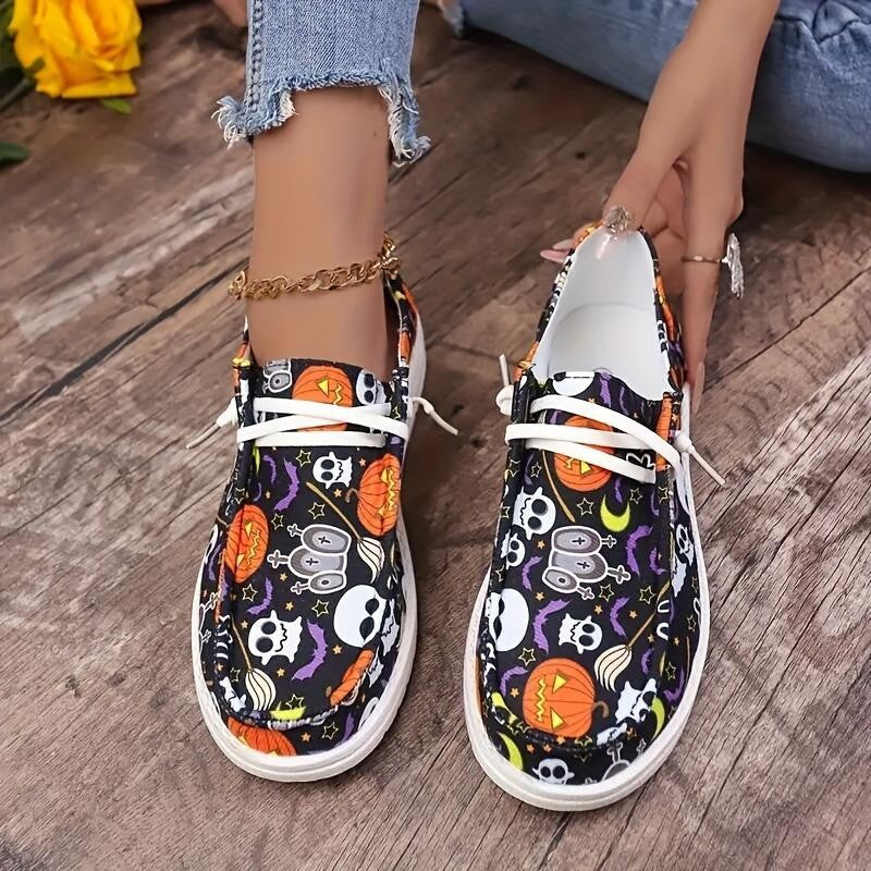 Baskets en toile Spooky Chic pour femmes Fiorelle - Chaussures décontractées avec imprimé citrouille et squelette d'Halloween - US(5-9)