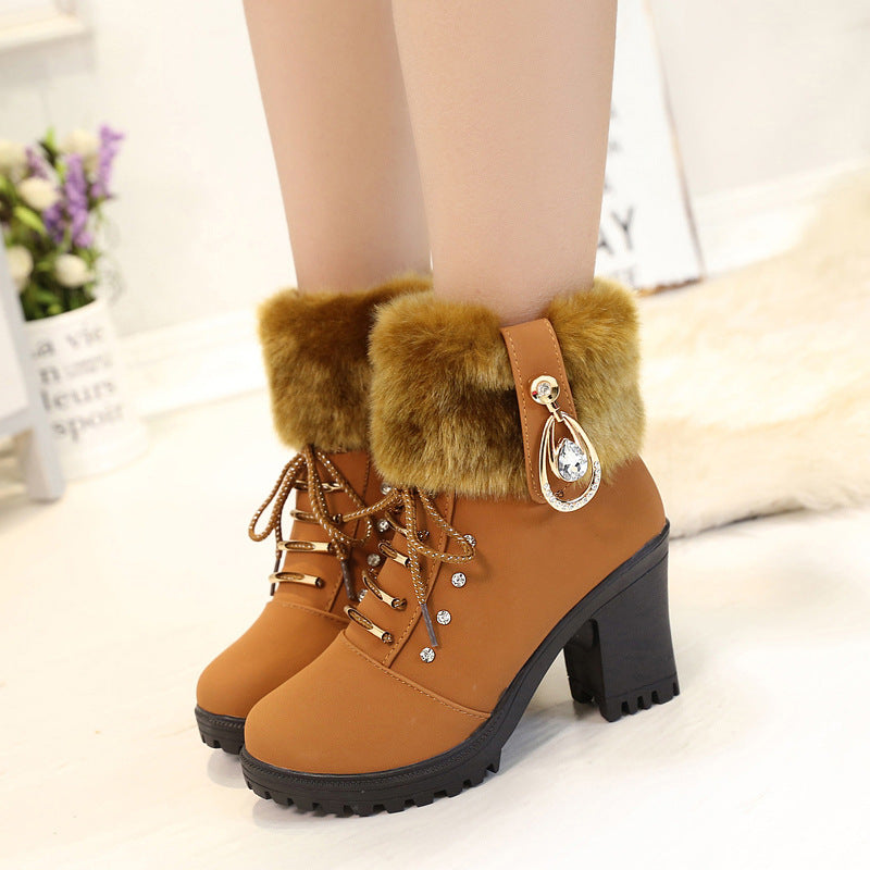 Fiorelle Damen Glam-Stiefel mit Strickbündchen – Elegante Stiefel mit Blockabsatz, seitlichem Reißverschluss und Strass-Verzierung (US 5-10)