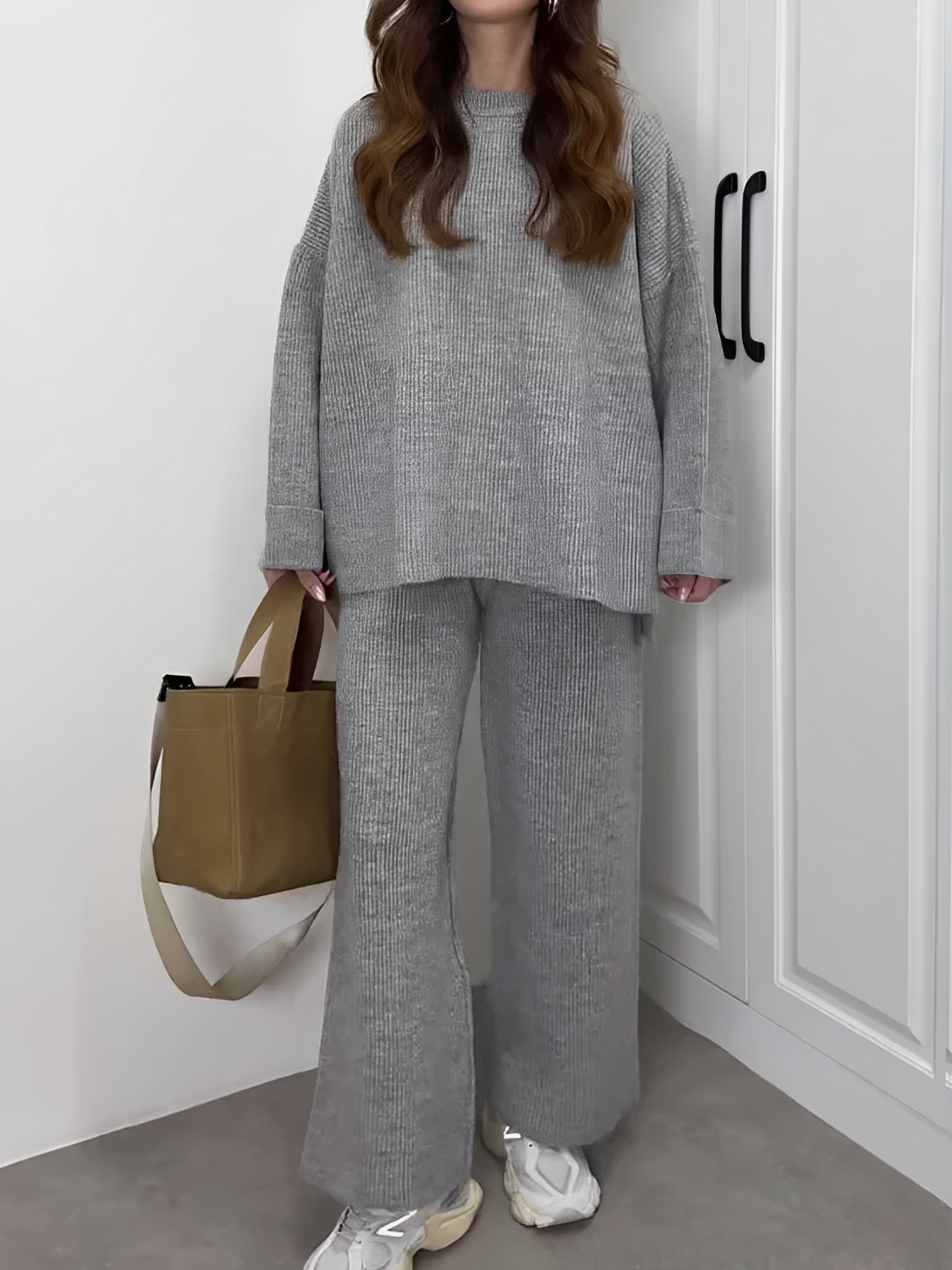 Women's Ribbed Knit Set with Oversized High-Low Sweater and High Elastic-Waist Trousers - Elis
