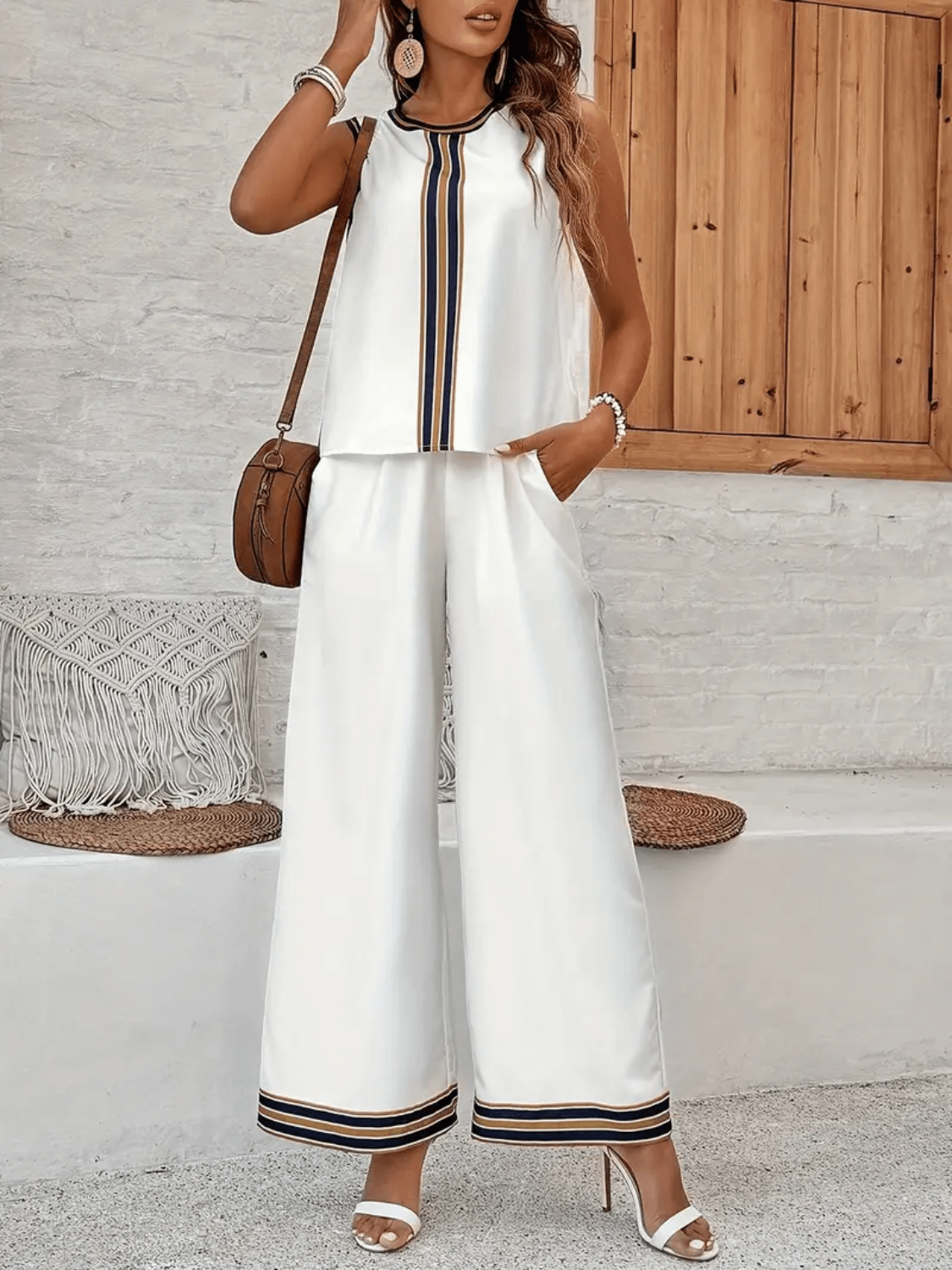 Printed Tank Top and High-Waisted Trousers Set with Pockets - Melody
