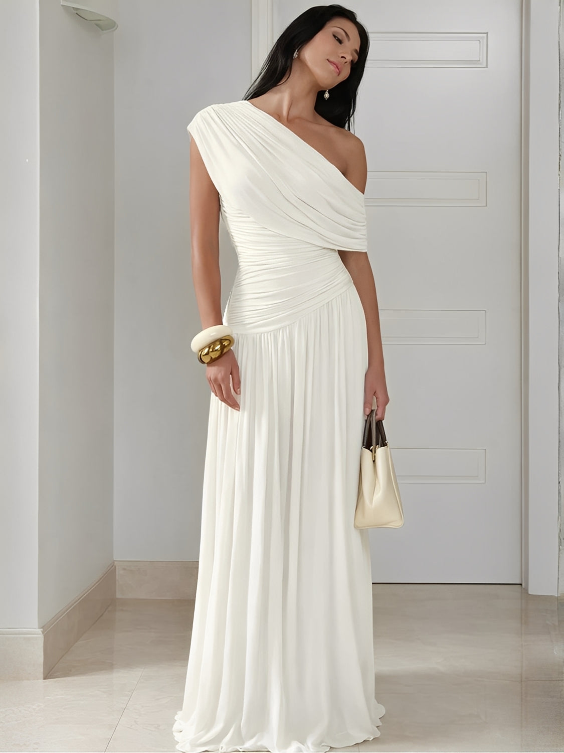 Fitted One-Shoulder Pleated Maxi Dress with Ruching – Lunara
