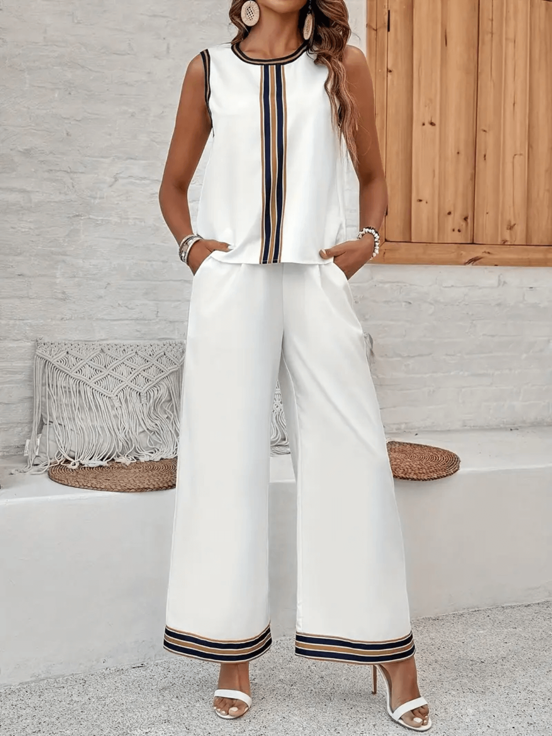 Printed Tank Top and High-Waisted Trousers Set with Pockets - Melody