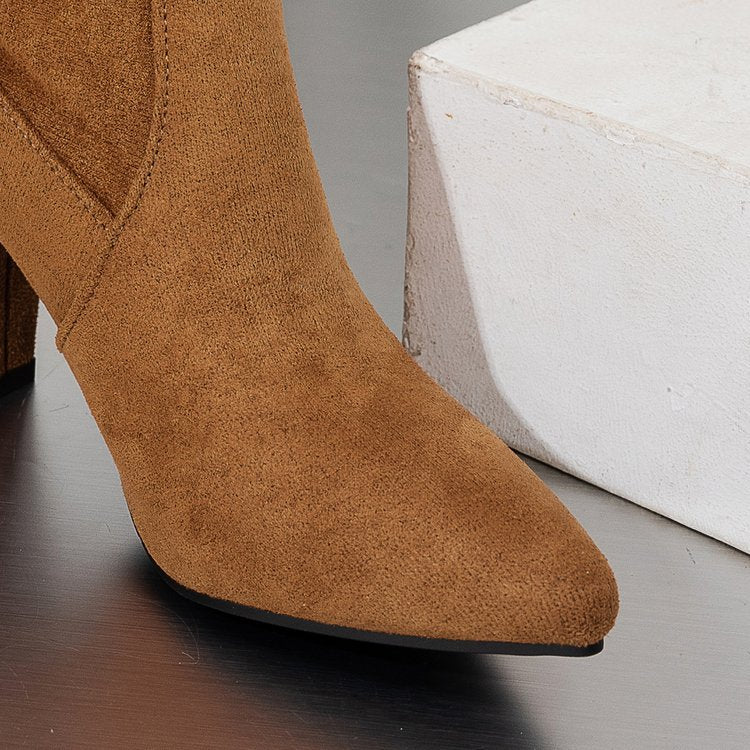 Bottes hautes à talon bloc et bout pointu en suédine pour femme Fiorelle – Bottes montantes à talon épais (US 4–10,5)