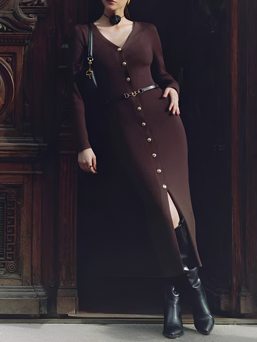Robe midi côtelée à manches longues, col en V et boutons à l'avant - Iracema