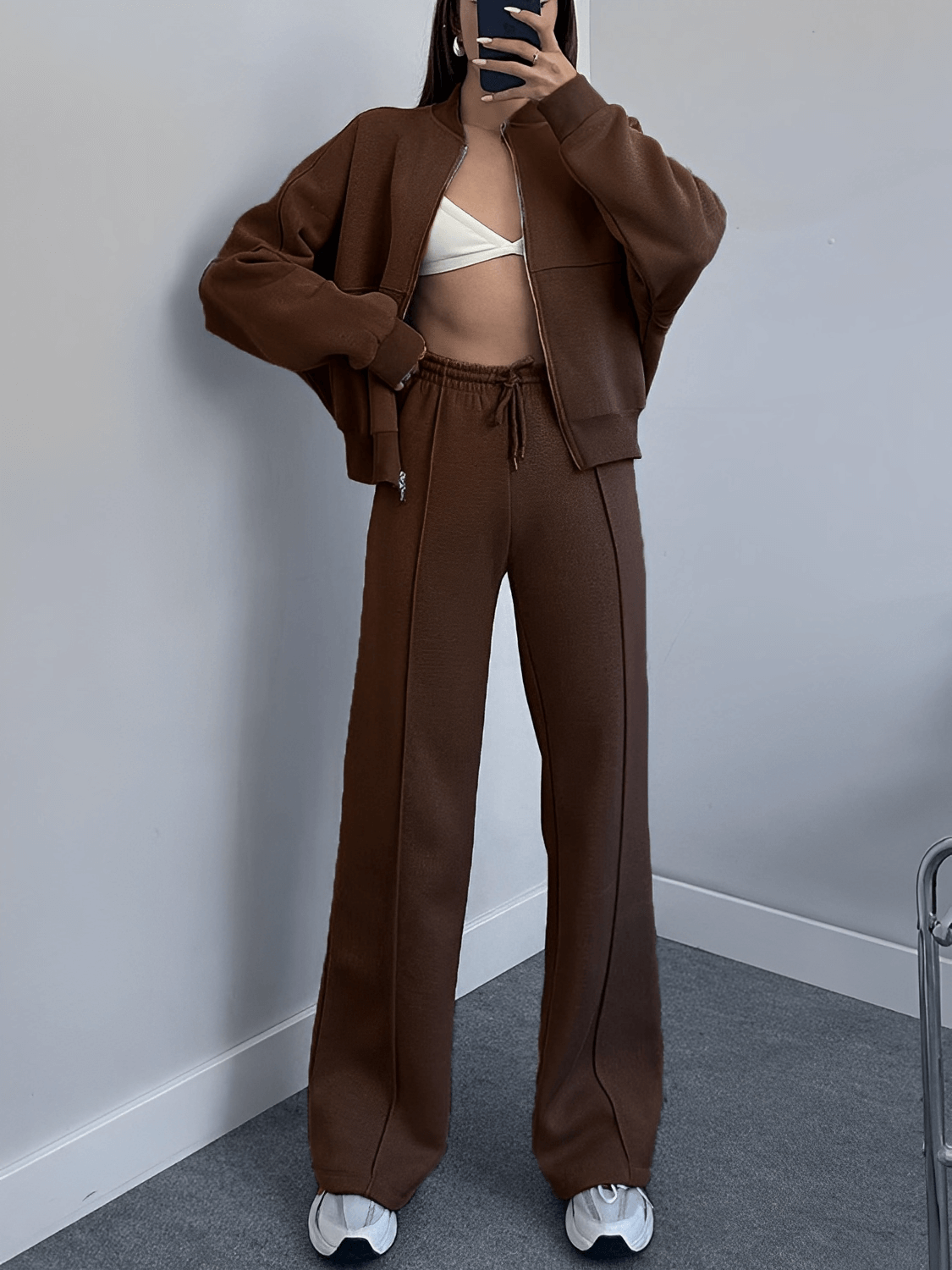 Women's Zip Jacket and Straight Trousers Set with Pockets - Bruna