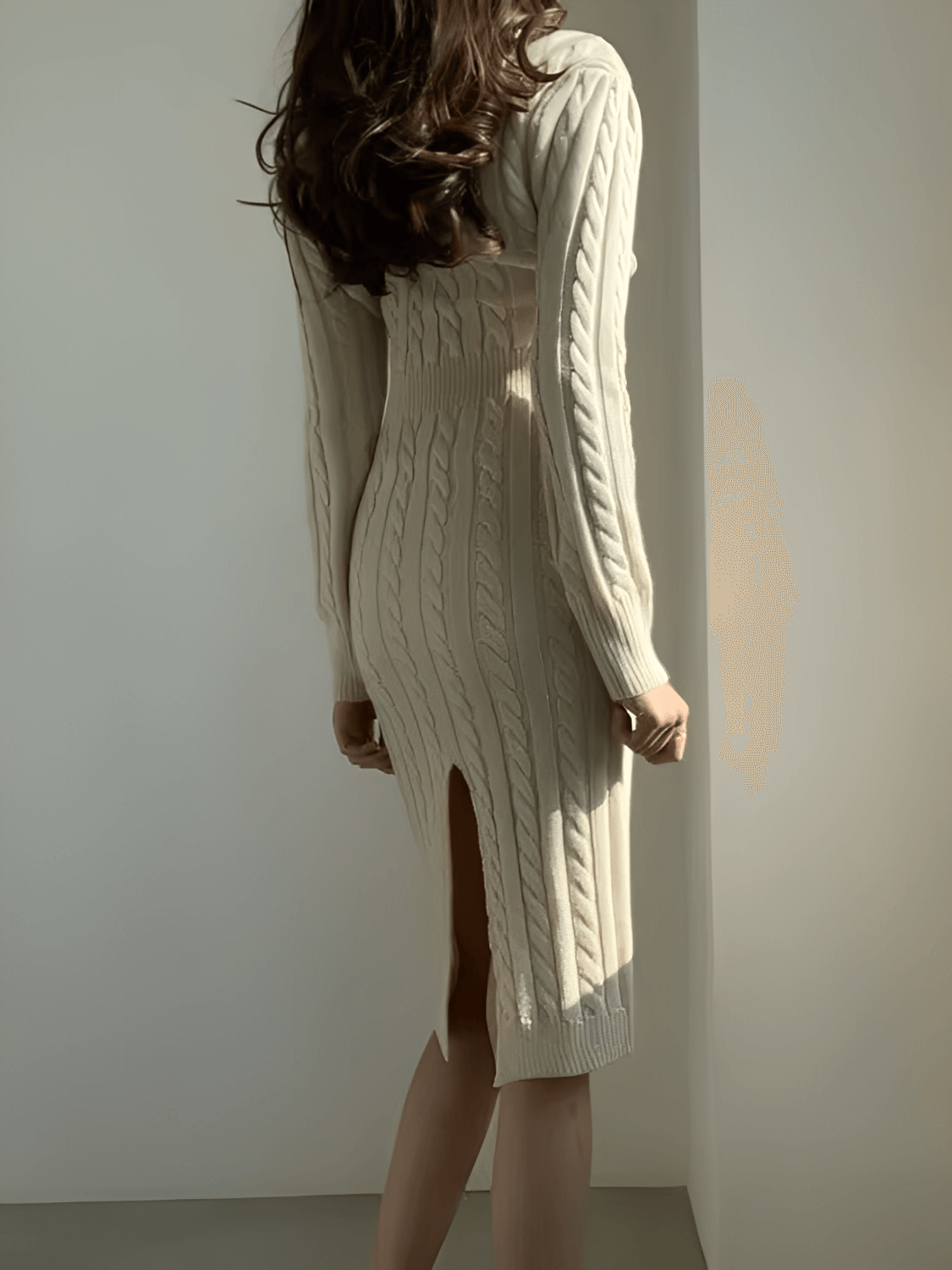Strukturiertes Midi-Strickkleid mit 2-in-1-Ausschnitt und langen Ärmeln – Genebra