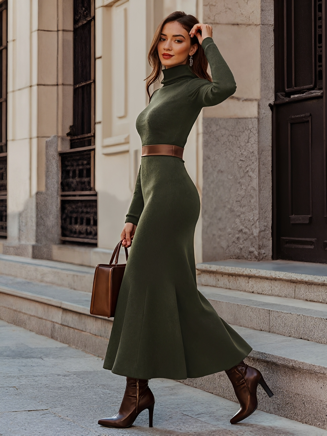 A-Linien-Maxikleid mit hochgeschlossenem Ausschnitt und langen Ärmeln – Thamara