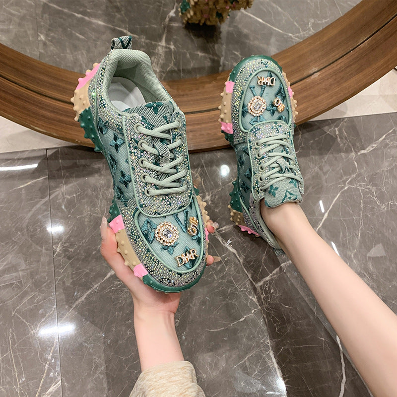 Fiorelle Damen Lumira bestickte Buchstaben Mesh-Plateau-Sneaker – Chunky-Sohle mit Strass-Details, modische Luxus-Sneaker (US 4–10,5)