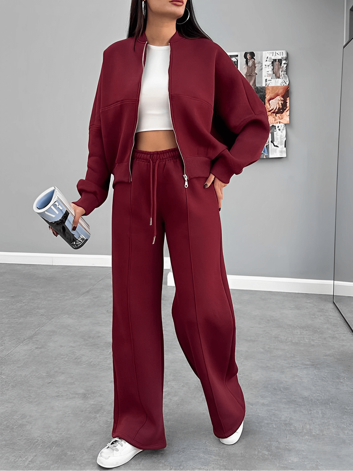 Women's Zip Jacket and Straight Trousers Set with Pockets - Bruna