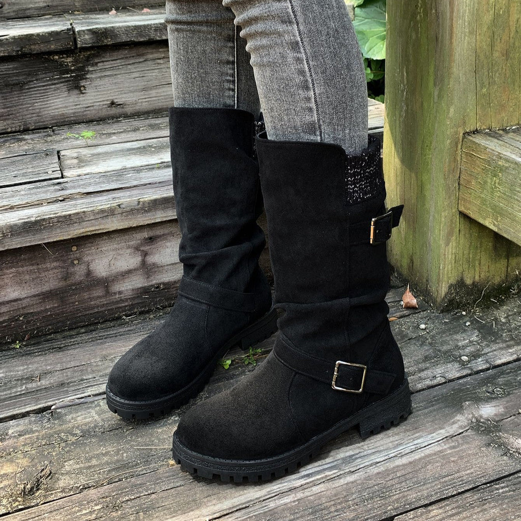 Fiorelle Damen-Wildlederstiefel mit Schnalle, wadenhoch – Gestrickte Manschette, Western-Stil, Slouchy-Schuhe (US 5–10,5)
