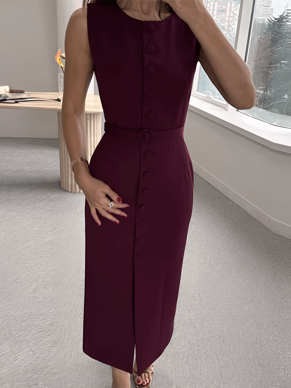 Sleeveless Midi Dress with Covered Buttons, Belt and Slit – Selena
