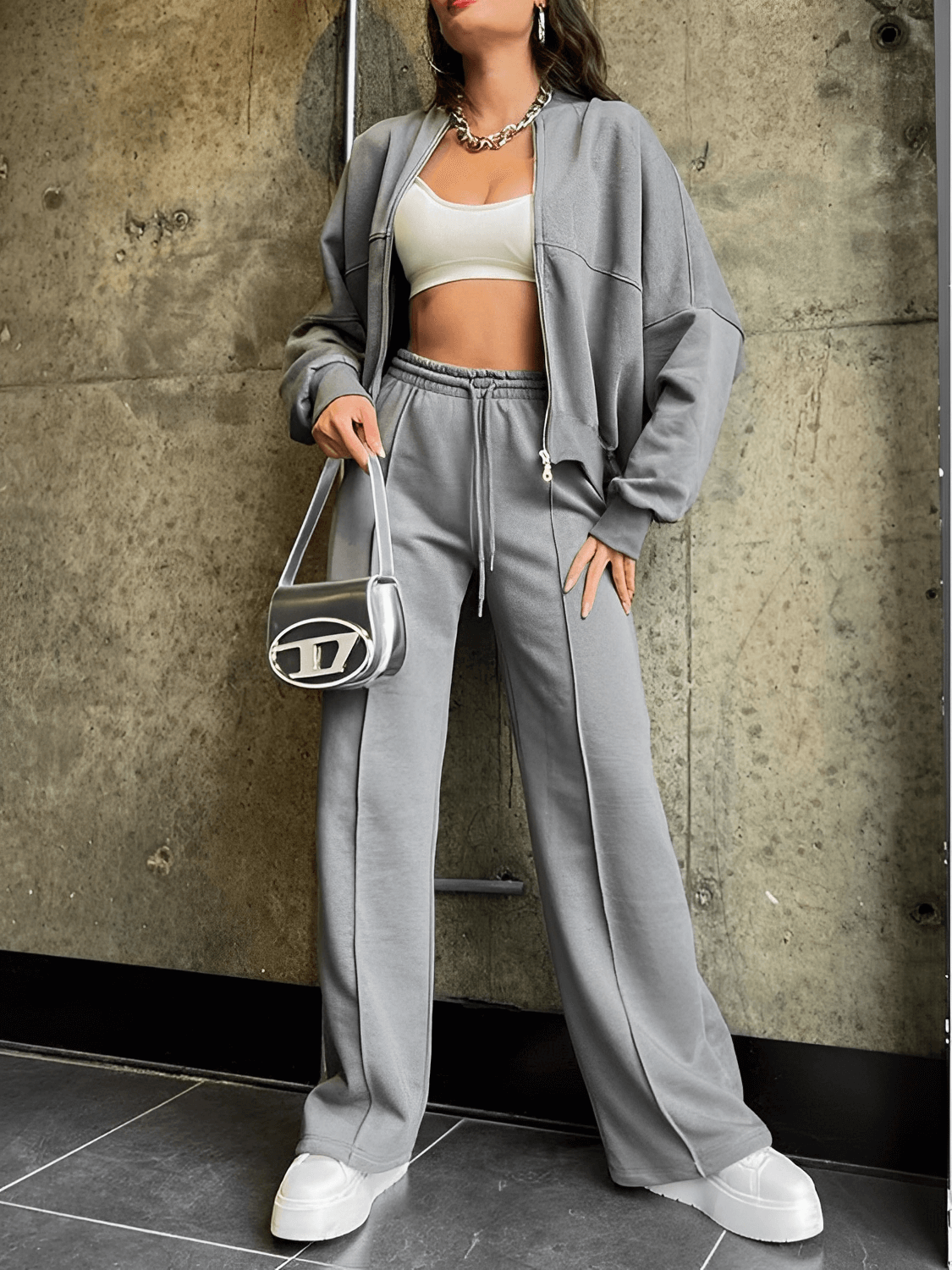 Women's Zip Jacket and Straight Trousers Set with Pockets - Bruna