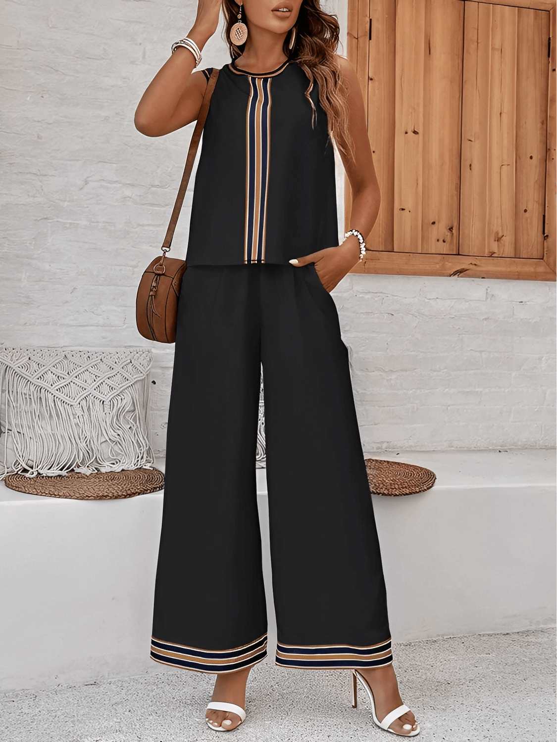Printed Tank Top and High-Waisted Trousers Set with Pockets - Melody