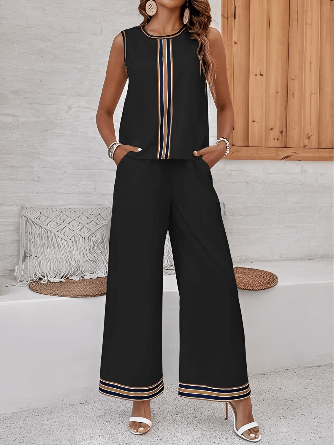 Ensemble débardeur imprimé et pantalon taille haute avec poches - Melody