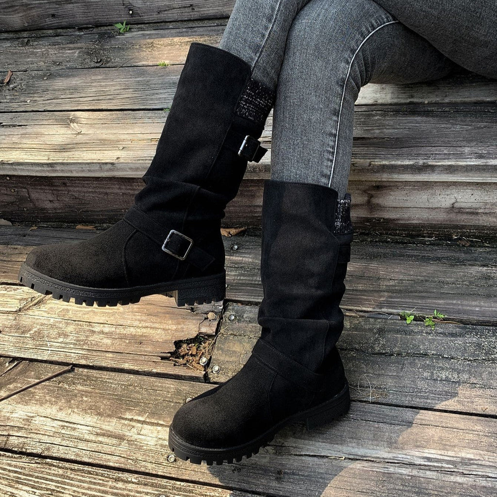 Fiorelle Damen-Wildlederstiefel mit Schnalle, wadenhoch – Gestrickte Manschette, Western-Stil, Slouchy-Schuhe (US 5–10,5)