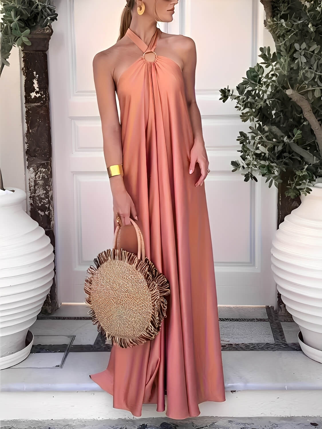 Satin Halter Neck Maxi Dress with Open Back - Hailey