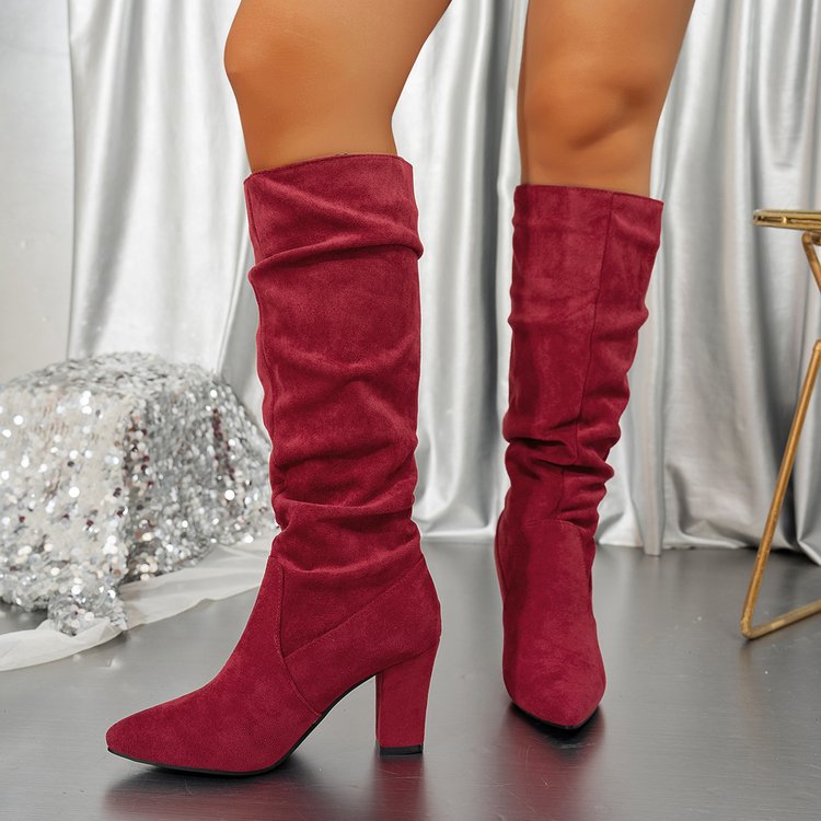 Bottes hautes à talon bloc et bout pointu en suédine pour femme Fiorelle – Bottes montantes à talon épais (US 4–10,5)