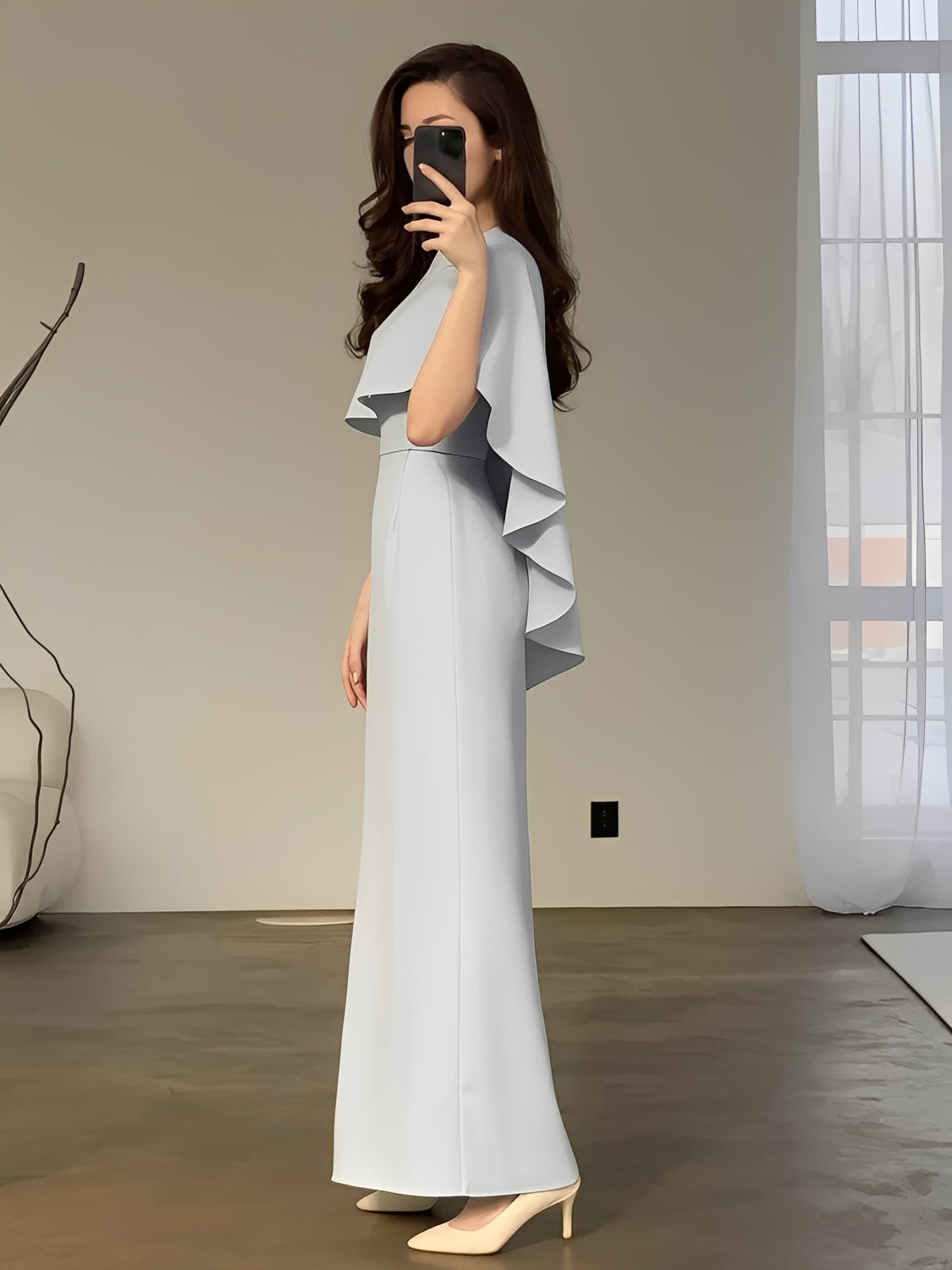 Elegant Fitted Evening Maxi Dress with Peplum Cape - Amna