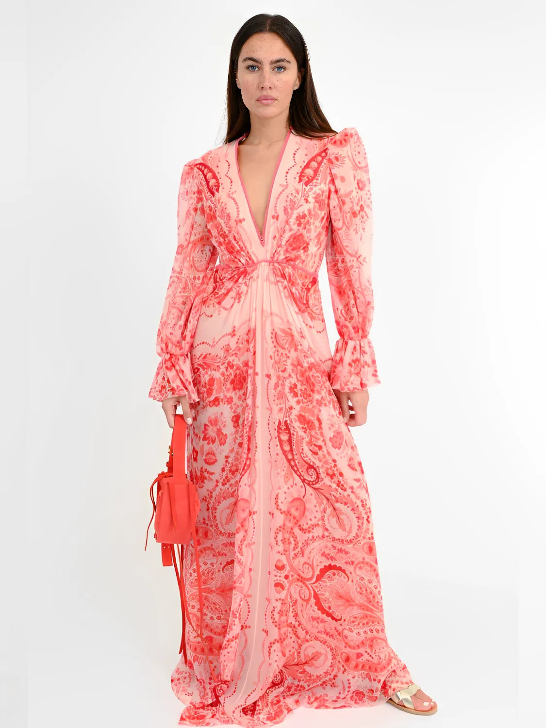 Elegant Printed Fitted Maxi Dress with Long Sleeves – Clarisse