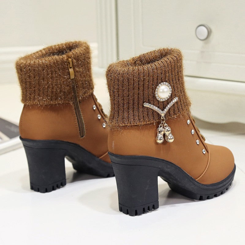 Fiorelle Damen Glam-Stiefel mit Strickbündchen – Elegante Stiefel mit Blockabsatz, seitlichem Reißverschluss und Strass-Verzierung (US 5-10)