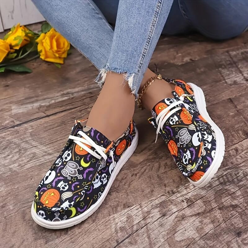 Baskets en toile Spooky Chic pour femmes Fiorelle - Chaussures décontractées avec imprimé citrouille et squelette d'Halloween - US(5-9)