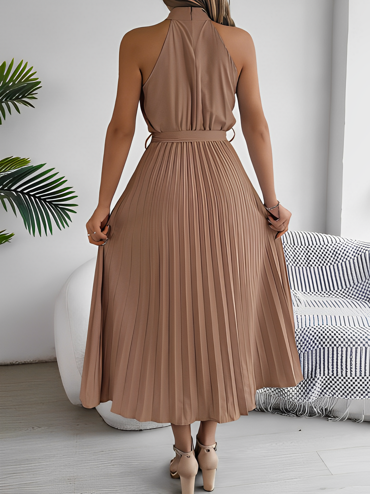 Pleated Halter Neck Midi Dress with Adjustable Waist Tie – Dora