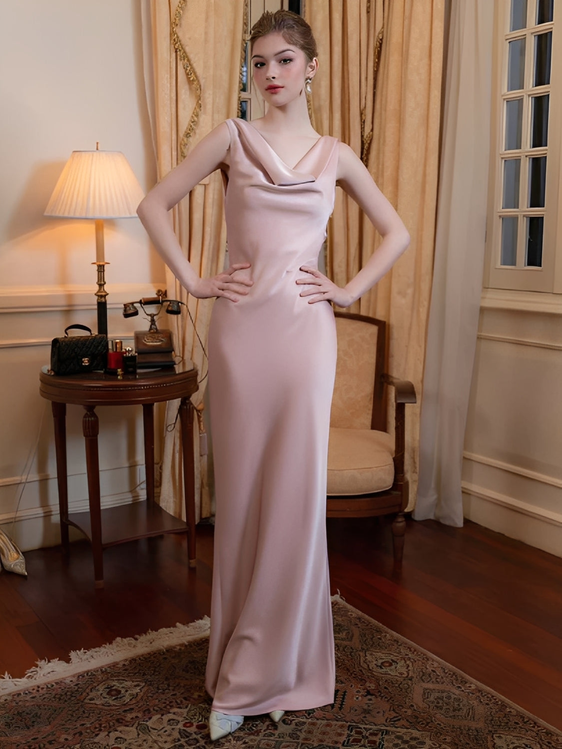Satin Evening Maxi Dress with Draped Neckline and Open Back – Selin