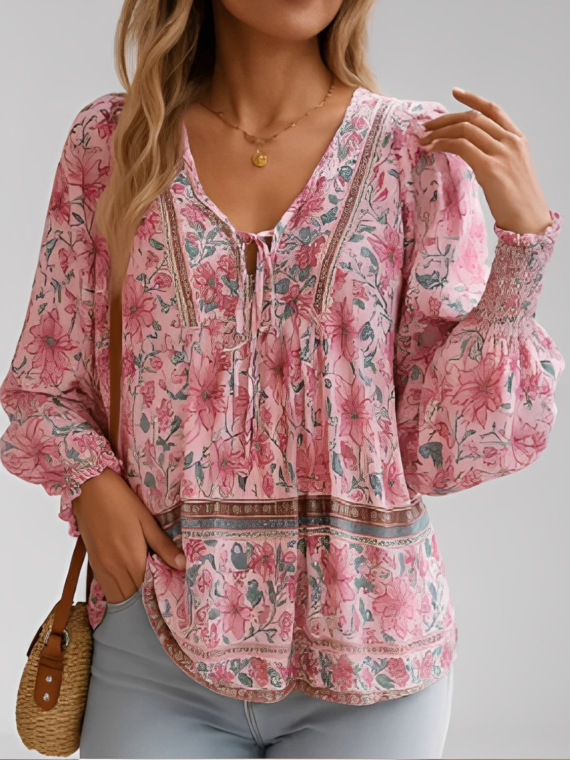 Boho Floral Viscose Blouse with V-Neckline – Flora