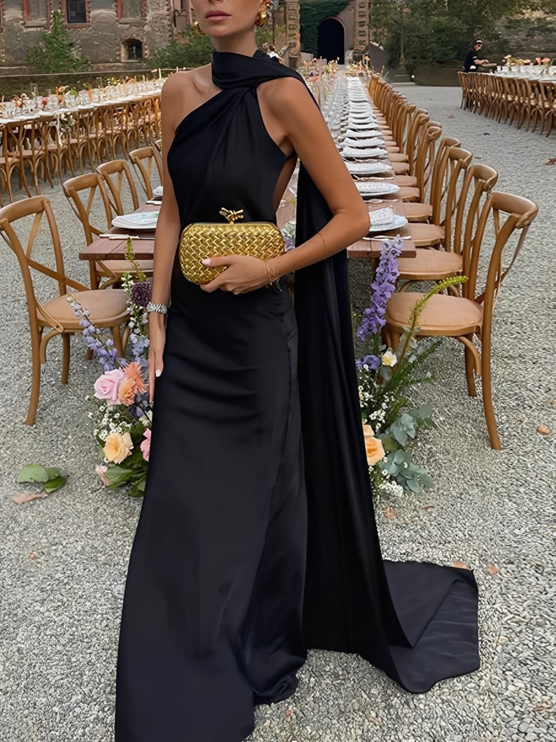 Satin Halter Maxi Dress with Side Cape and Open Back - Serena