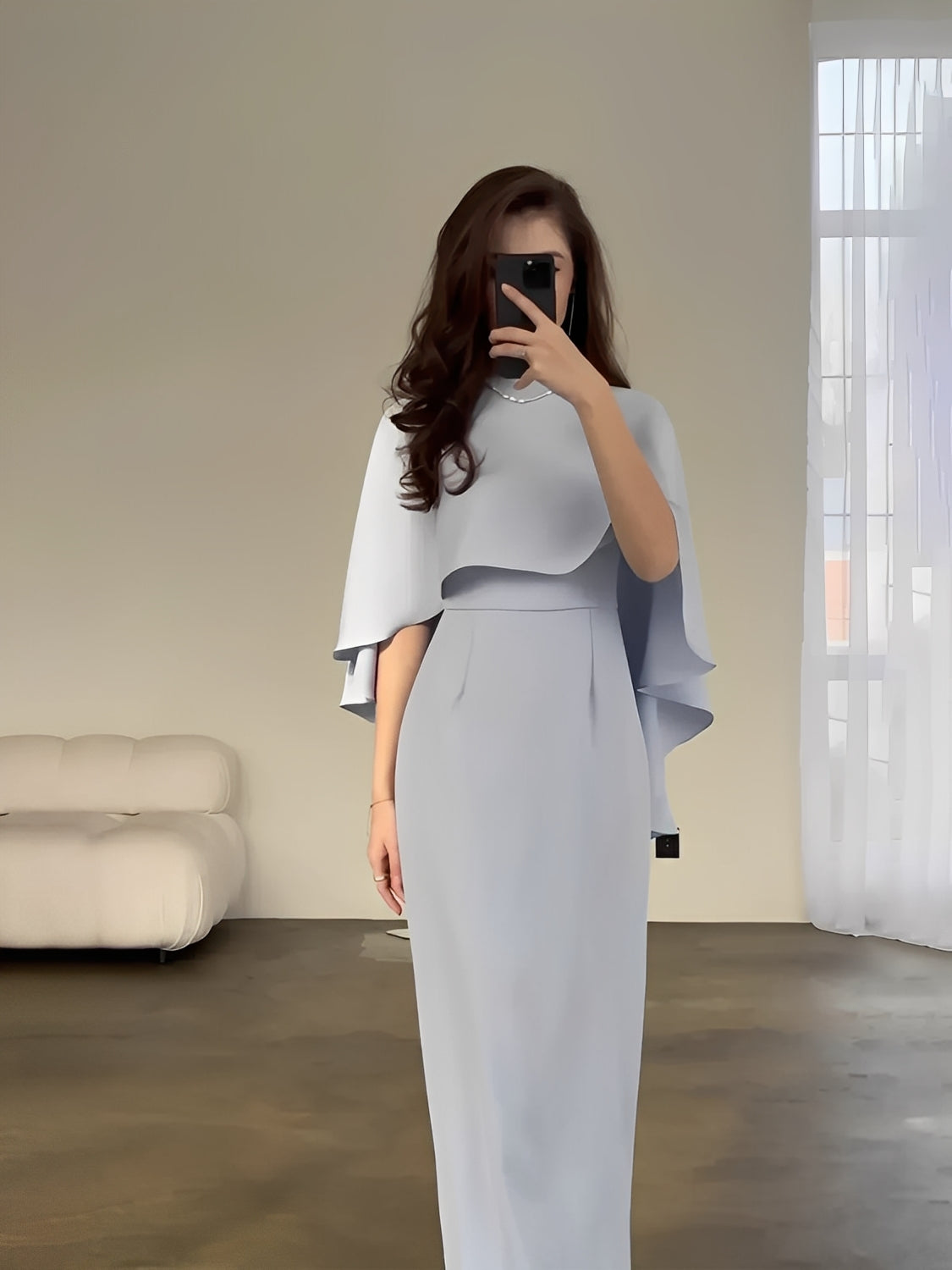 Elegant Fitted Evening Maxi Dress with Peplum Cape - Amna