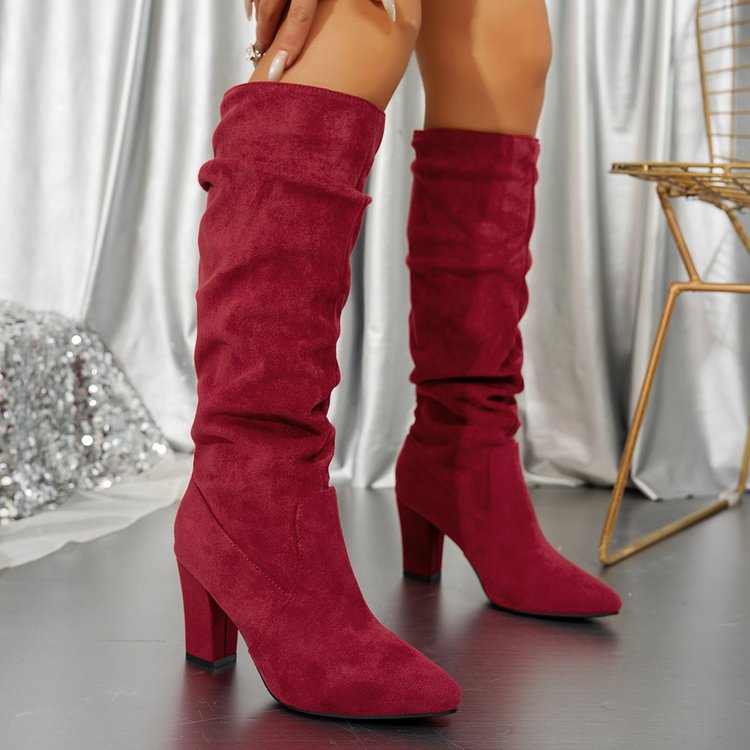 Bottes hautes à talon bloc et bout pointu en suédine pour femme Fiorelle – Bottes montantes à talon épais (US 4–10,5)