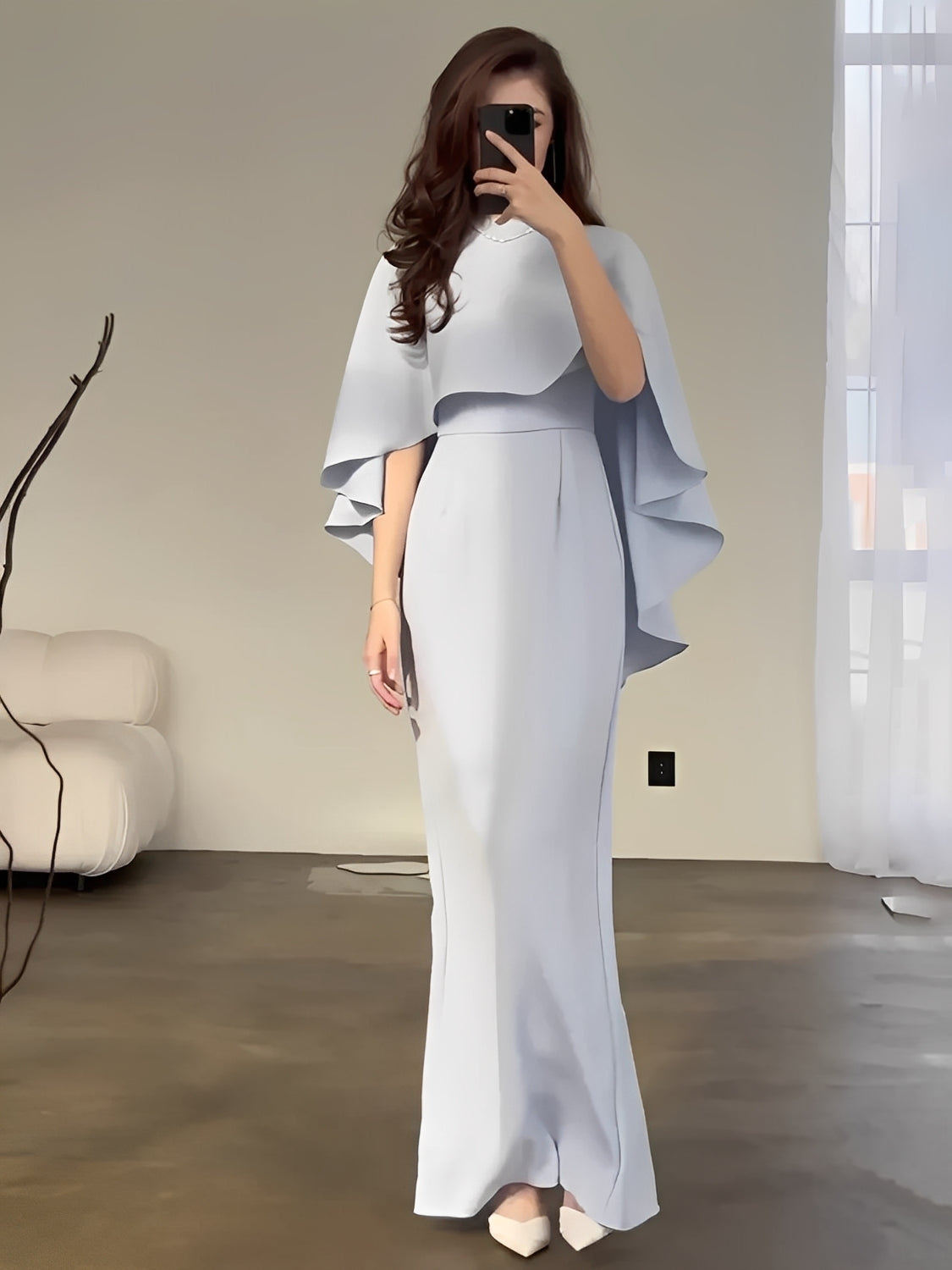 Elegant Fitted Evening Maxi Dress with Peplum Cape - Amna
