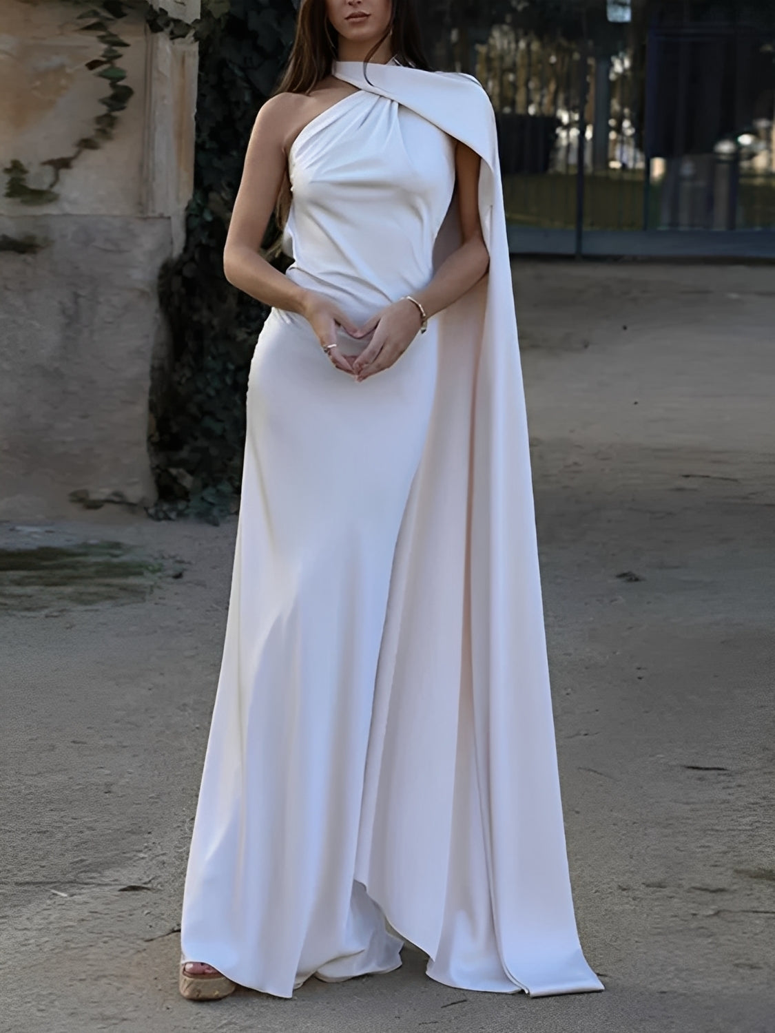 Satin Halter Maxi Dress with Side Cape and Open Back - Serena