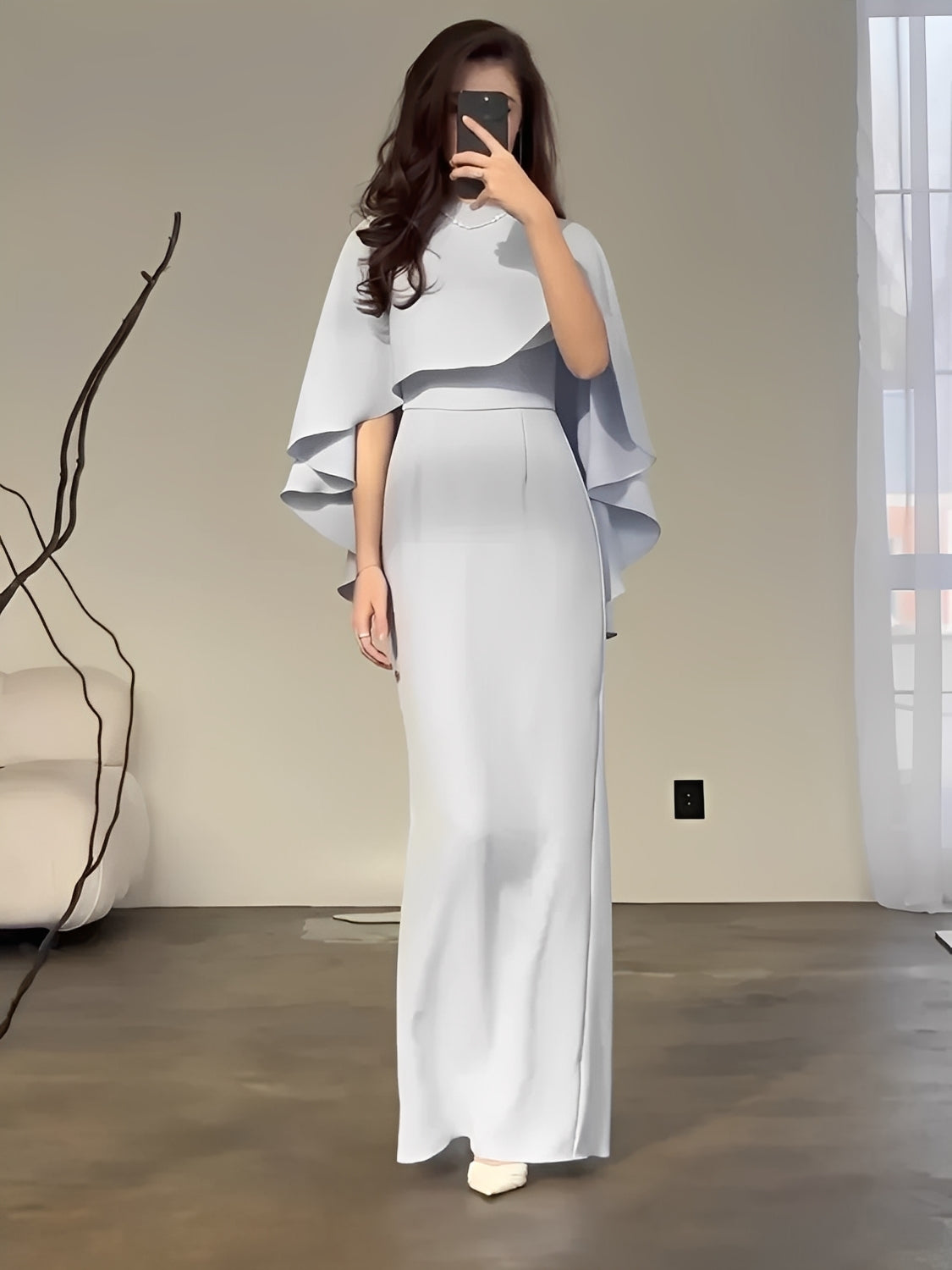 Elegant Fitted Evening Maxi Dress with Peplum Cape - Amna