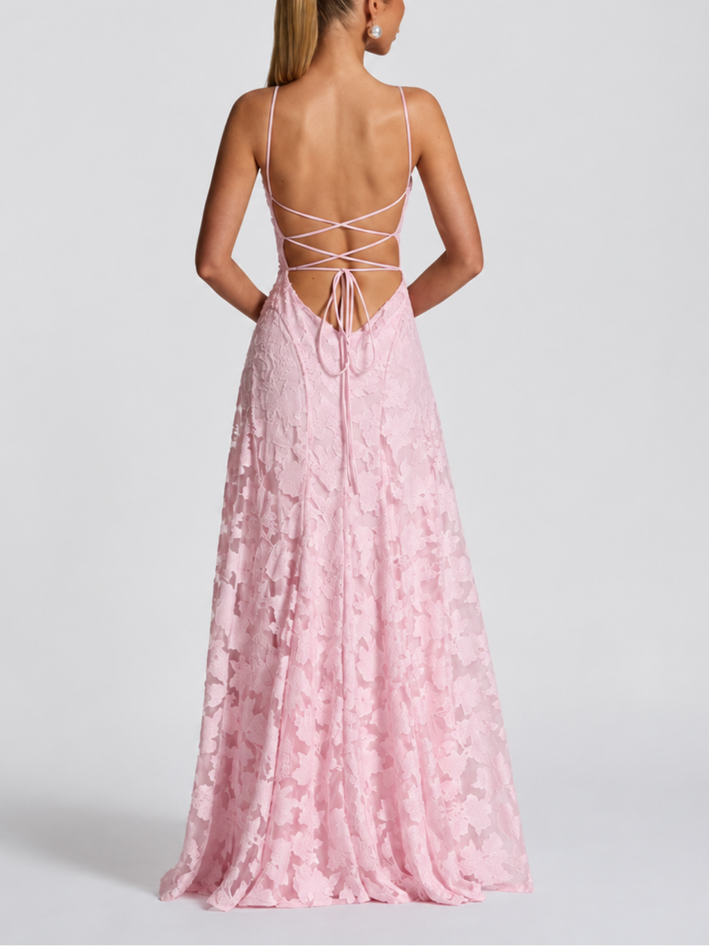 Robe longue en dentelle à encolure carrée et liens croisés au dos - Melania