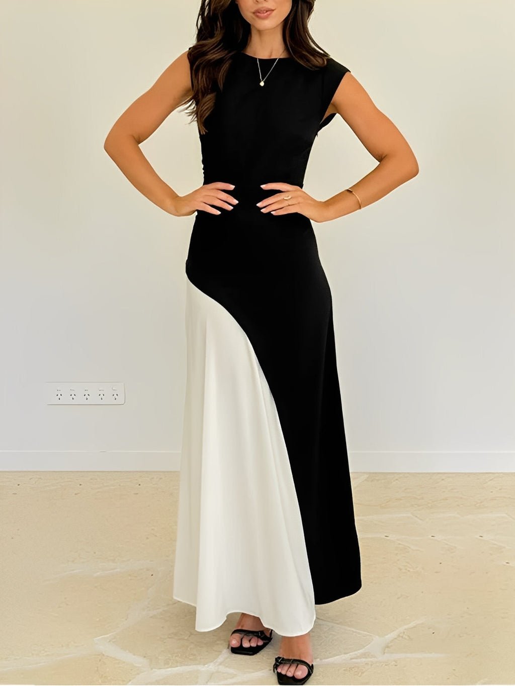 Elegant Sleeveless Maxi Dress with Diagonal Two-Tone Design - Alane