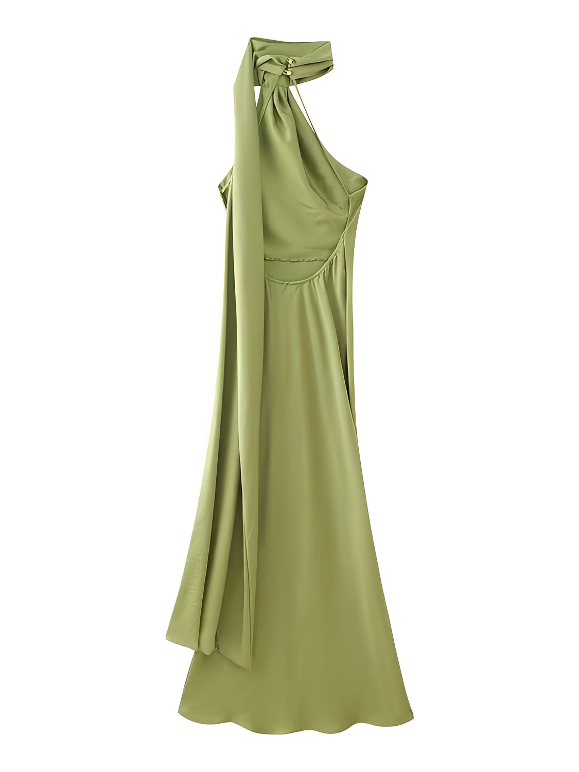 Satin Halter Maxi Dress with Side Cape and Open Back - Serena