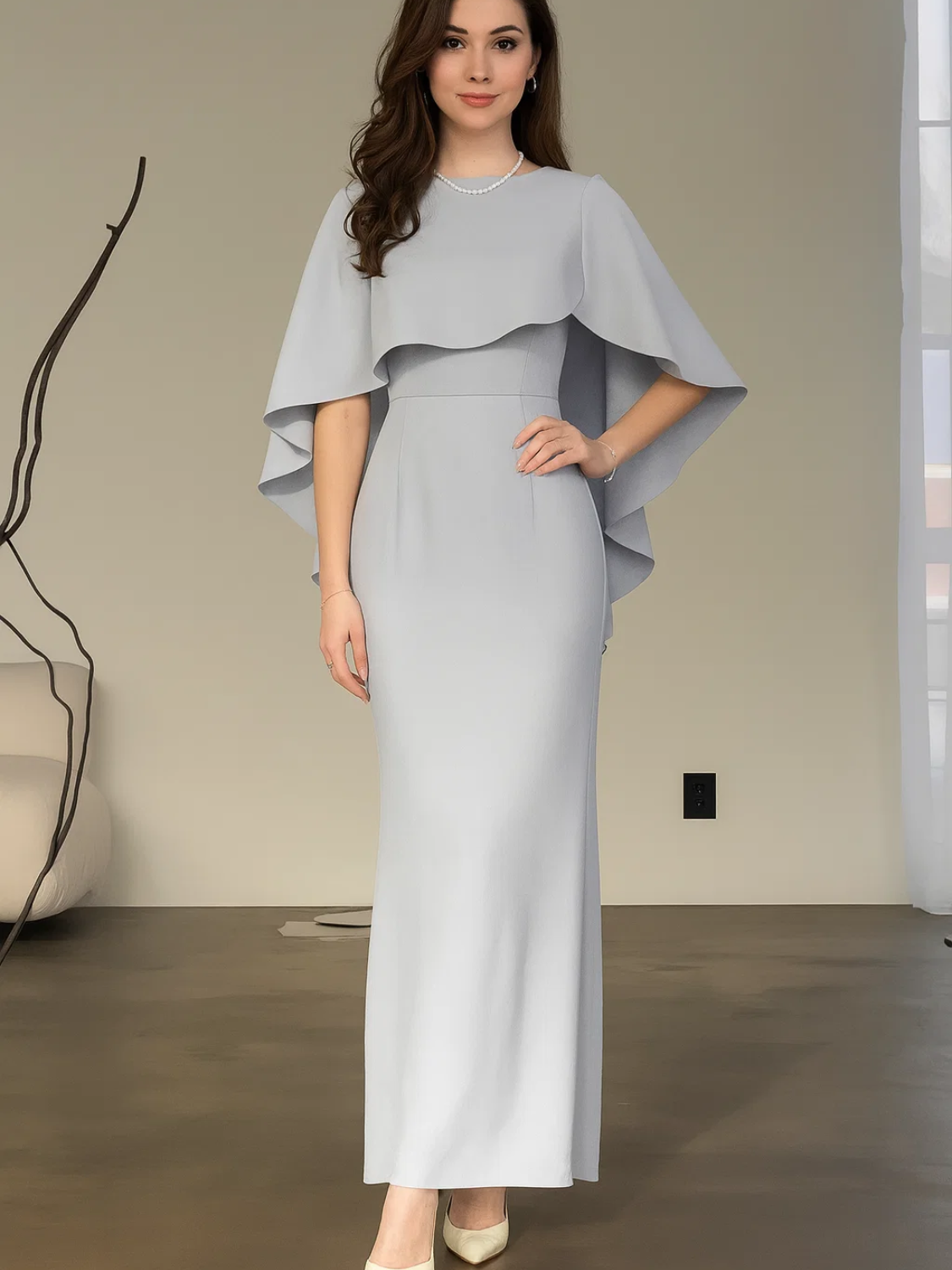 Elegant Fitted Evening Maxi Dress with Peplum Cape - Amna