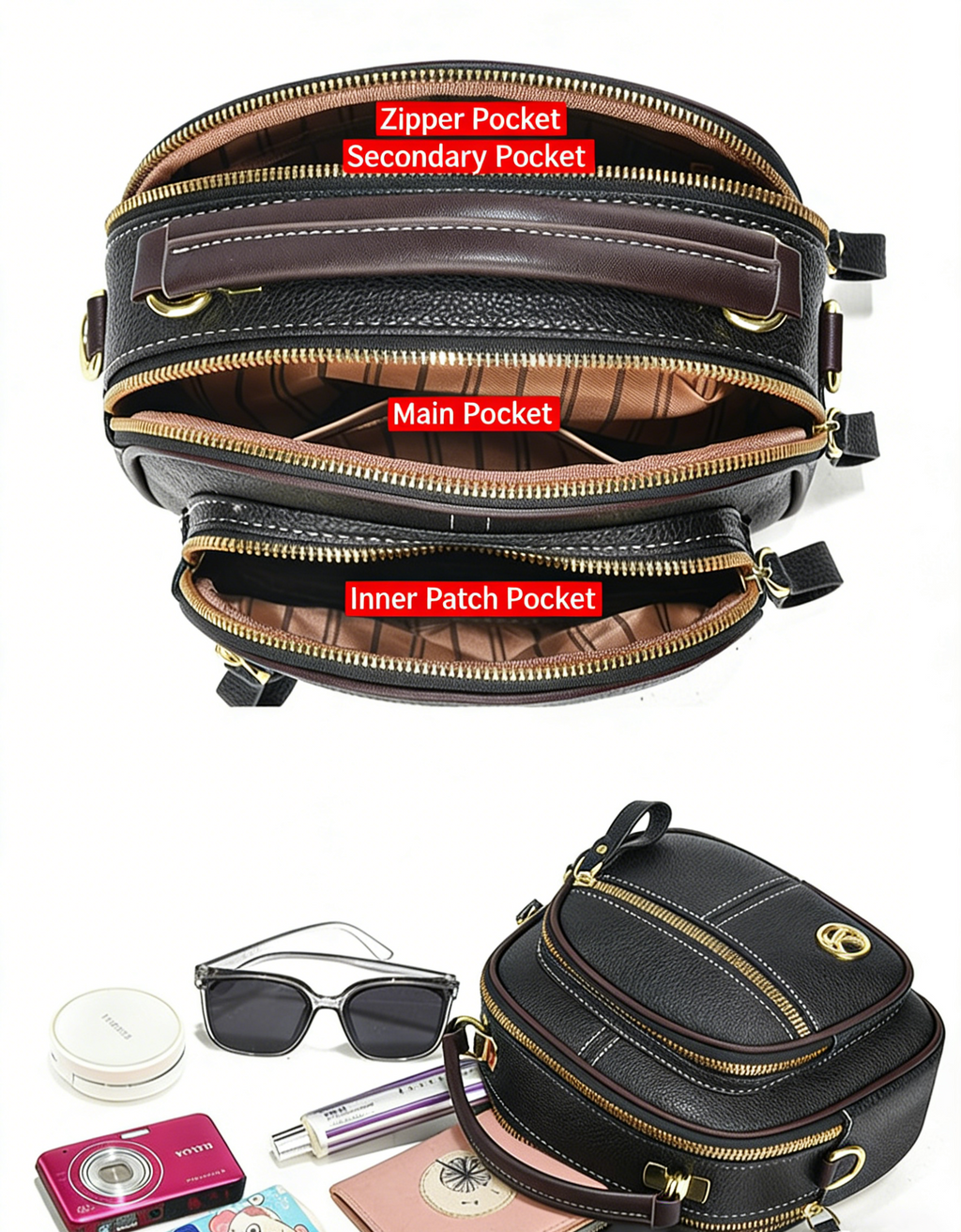 Fiorelle Kompakte Damen-Henkeltasche mit mehreren Reißverschlüssen — Hochwertige, umwandelbare Schulter- und Umhängetasche mit durchdachter Organisation & elegantem Alltagsstil
