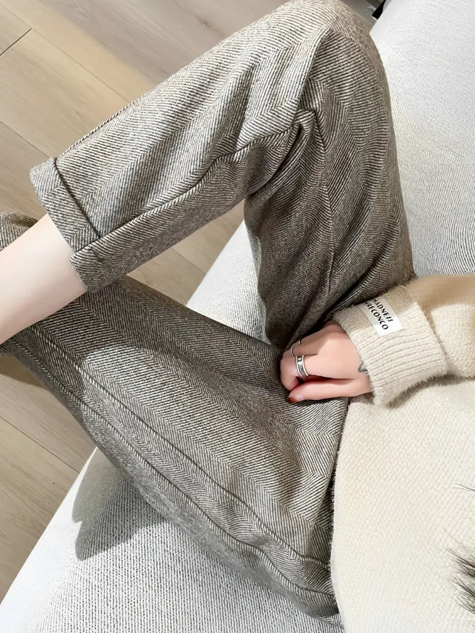 Pantalon droit taille haute en laine et cachemire pour femme avec élastique – Leda