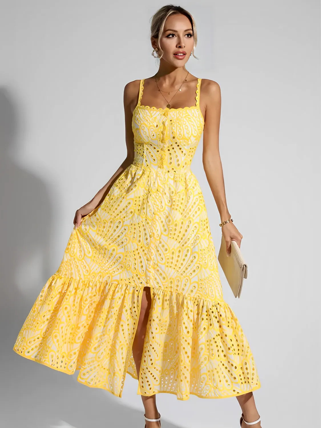 Eyelet Midi Dress with Delicate Ruffles and Elastic Back – Marina
