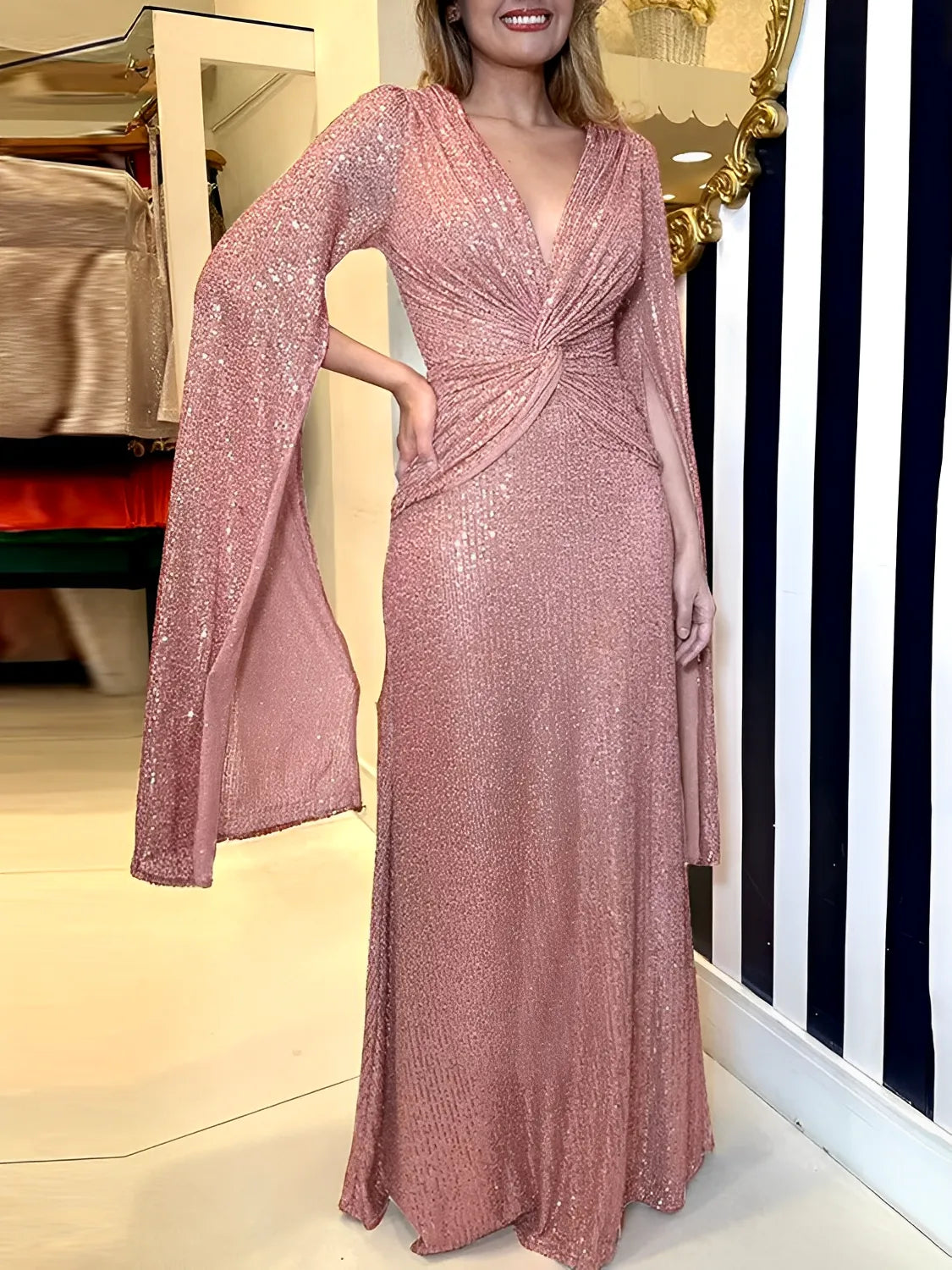 Women's Sequin Evening Maxi Dress with V-Neckline and Waist Knot - Dafne