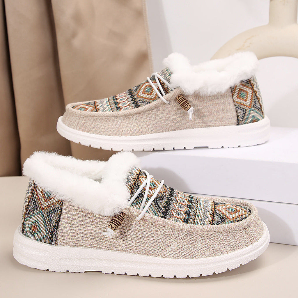 Bottes plates en peluche folklore pour femmes Fiorelle - Bottes de neige d'hiver à lacets avec imprimé ethnique et doublure en polaire confortable - US (5-10,5)