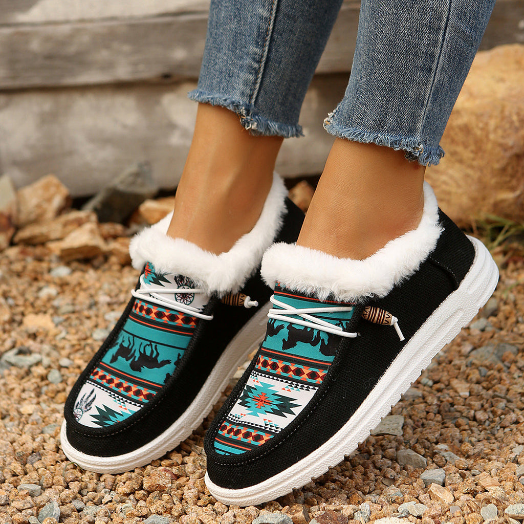 Bottes plates en peluche folklore pour femmes Fiorelle - Bottes de neige d'hiver à lacets avec imprimé ethnique et doublure en polaire confortable - US (5-10,5)