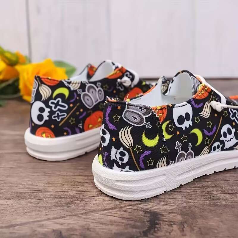 Baskets en toile Spooky Chic pour femmes Fiorelle - Chaussures décontractées avec imprimé citrouille et squelette d'Halloween - US(5-9)