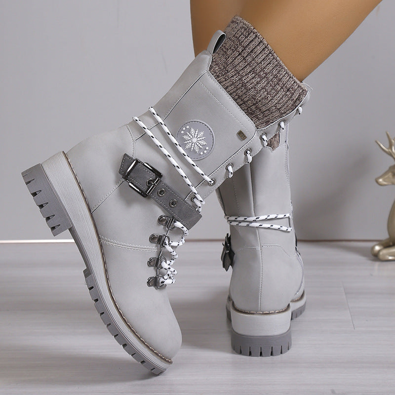Fiorelle Damen-Combat-Stiefel im nordischen Strick-Design – Hochschäftige, mit Thermobaumwolle gefütterte Schneestiefel mit Blockabsatz & Lederakzenten (US 5–10,5)