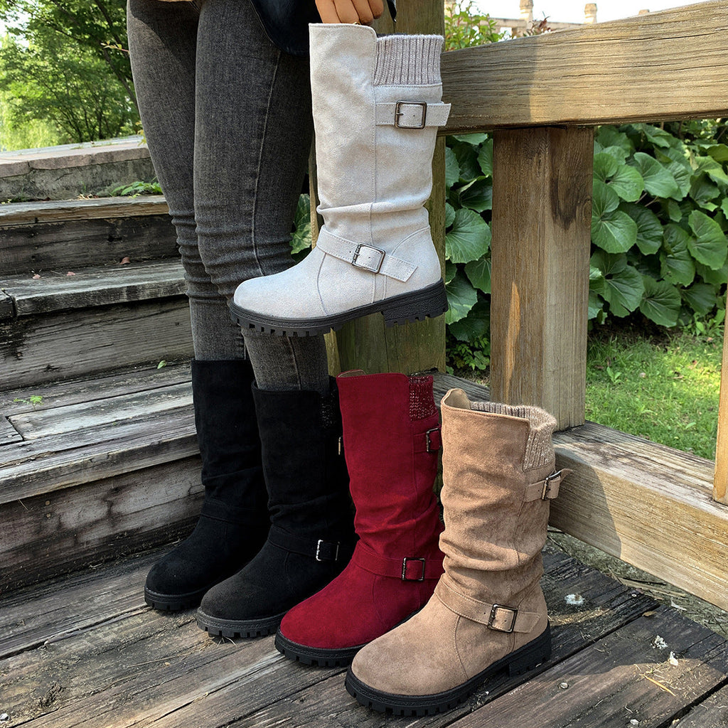 Fiorelle Damen-Wildlederstiefel mit Schnalle, wadenhoch – Gestrickte Manschette, Western-Stil, Slouchy-Schuhe (US 5–10,5)
